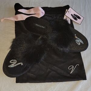 Victoria's Secret Black and Pink Fur Slippers